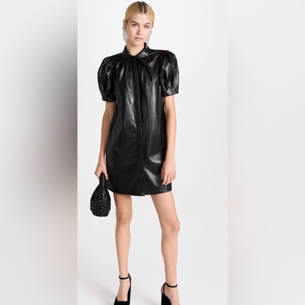 Alice + Olivia Black Jen Vegan Leather Puff-Sleeve Shirt Dress. Size XL - Picture 9 of 14
